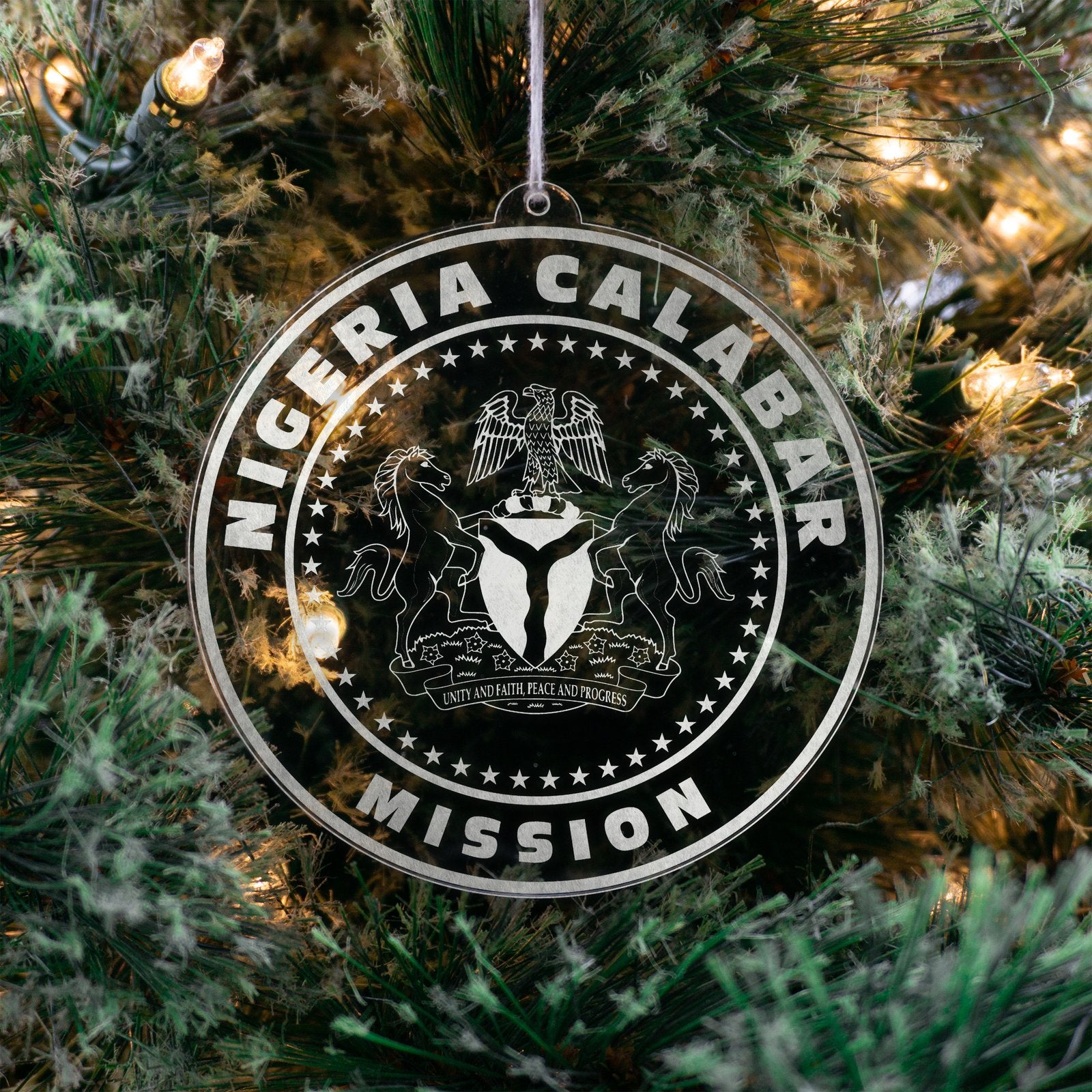 LDS Nigeria Calabar Mission Christmas Ornament hanging on a Tree