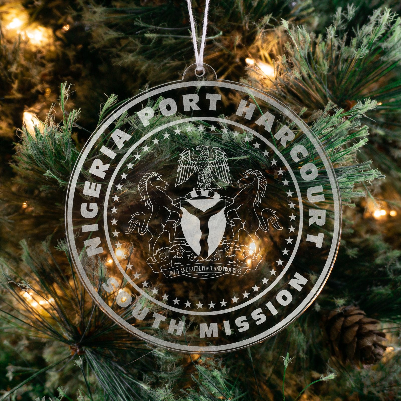 LDS Nigeria Port Harcourt South Mission Christmas Ornament hanging on a Tree