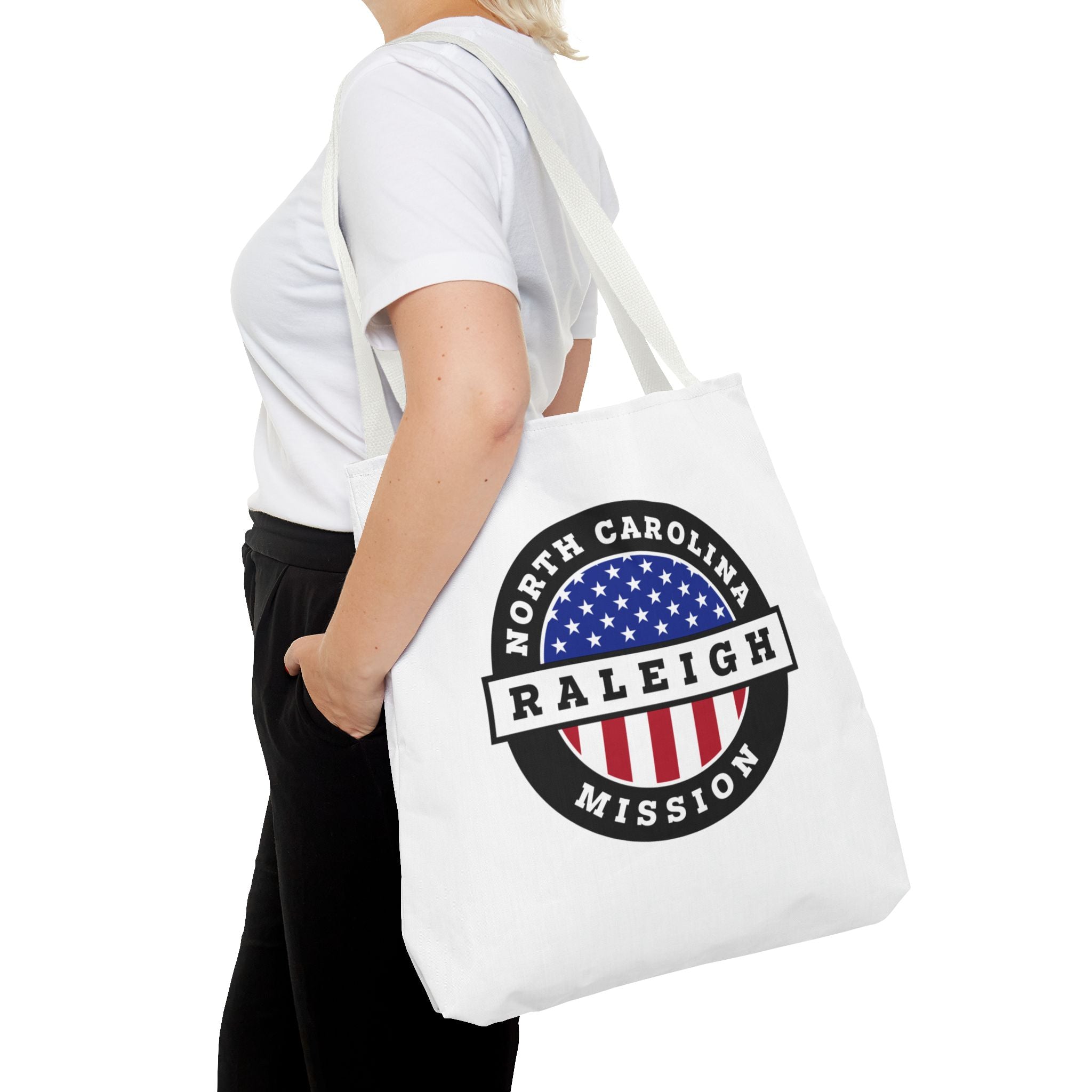 North Carolina Raleigh Mission USA Flag Logo Tote Bag White - Latter-Day Saint LDS Missionary Gift - Book of Mormon