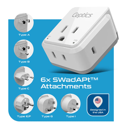 Travel Adapter Set |  Type A, B, C, E/F, G, I - USB-C Port with PD + 2 US Outlets (PAK-30-WS)