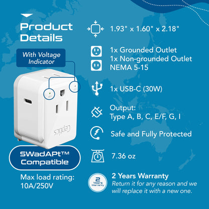 Travel Adapter Set |  Type A, B, C, E/F, G, I - USB-C Port with PD + 2 US Outlets (PAK-30-WS)