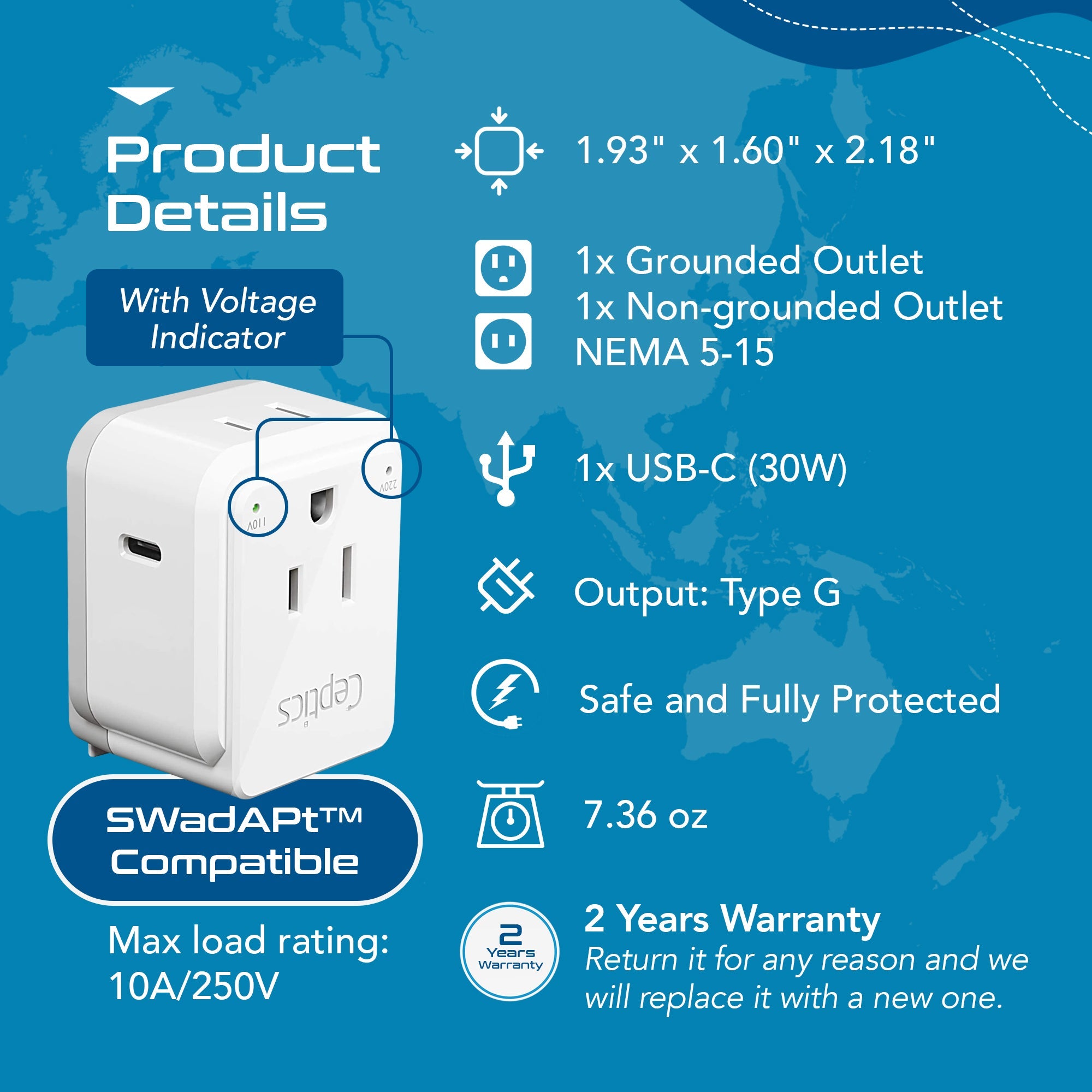 UK, Hong Kong, Travel Plug Adapter | Type G - USB-C Ports + 2 US Outlets (PAK-30W-7)