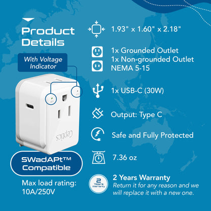 European travel Plug Adapter | Type C - USB C Port + 2 US Outlets (PAK-30W-9C)