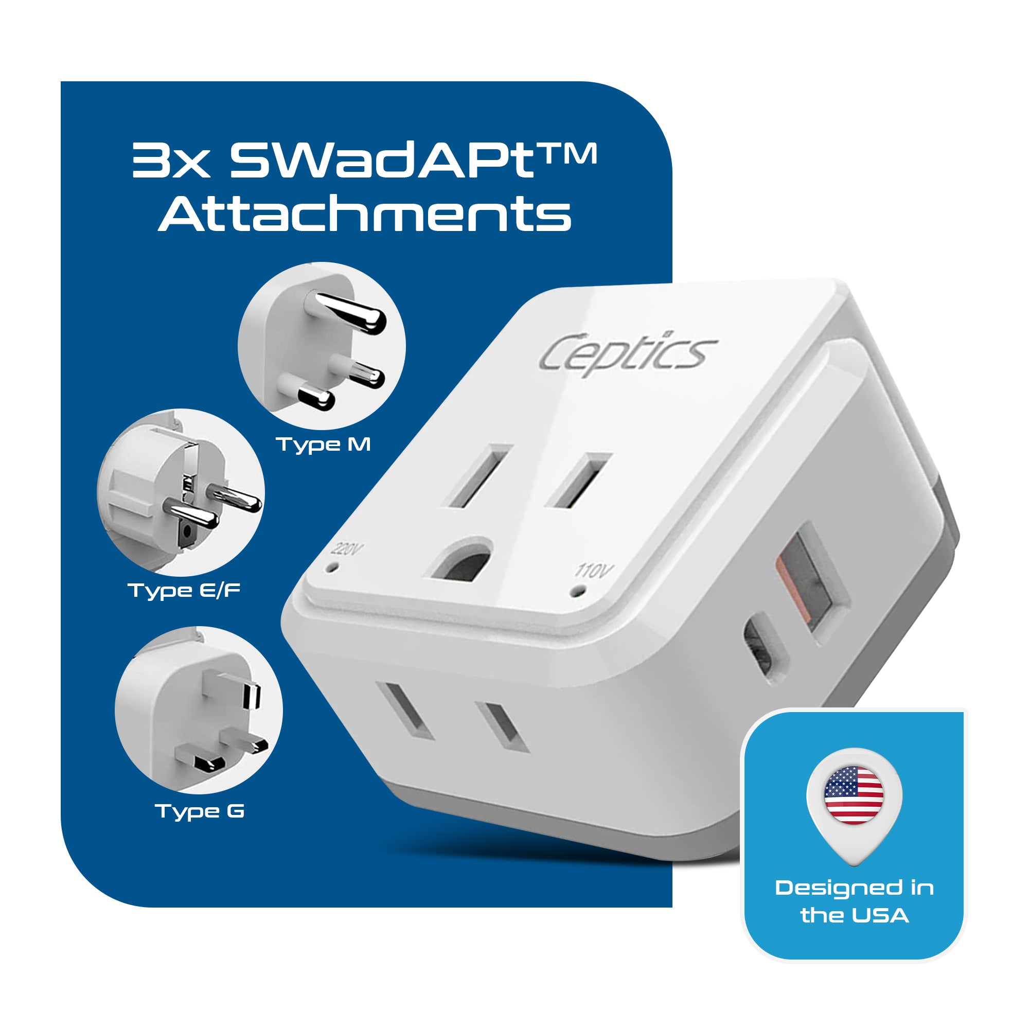 Africa Travel Adapter Set | Type E/F, G, M - USB & USB-C Ports + 2 US Outlets (PAK-AF)