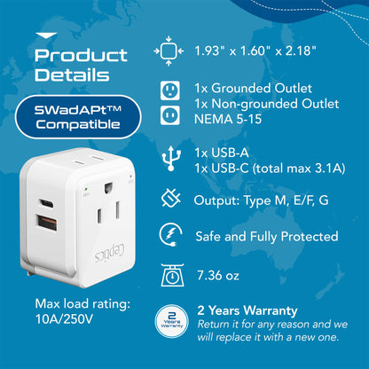 Africa Travel Adapter Set | Type E/F, G, M - USB & USB-C Ports + 2 US Outlets (PAK-AF)