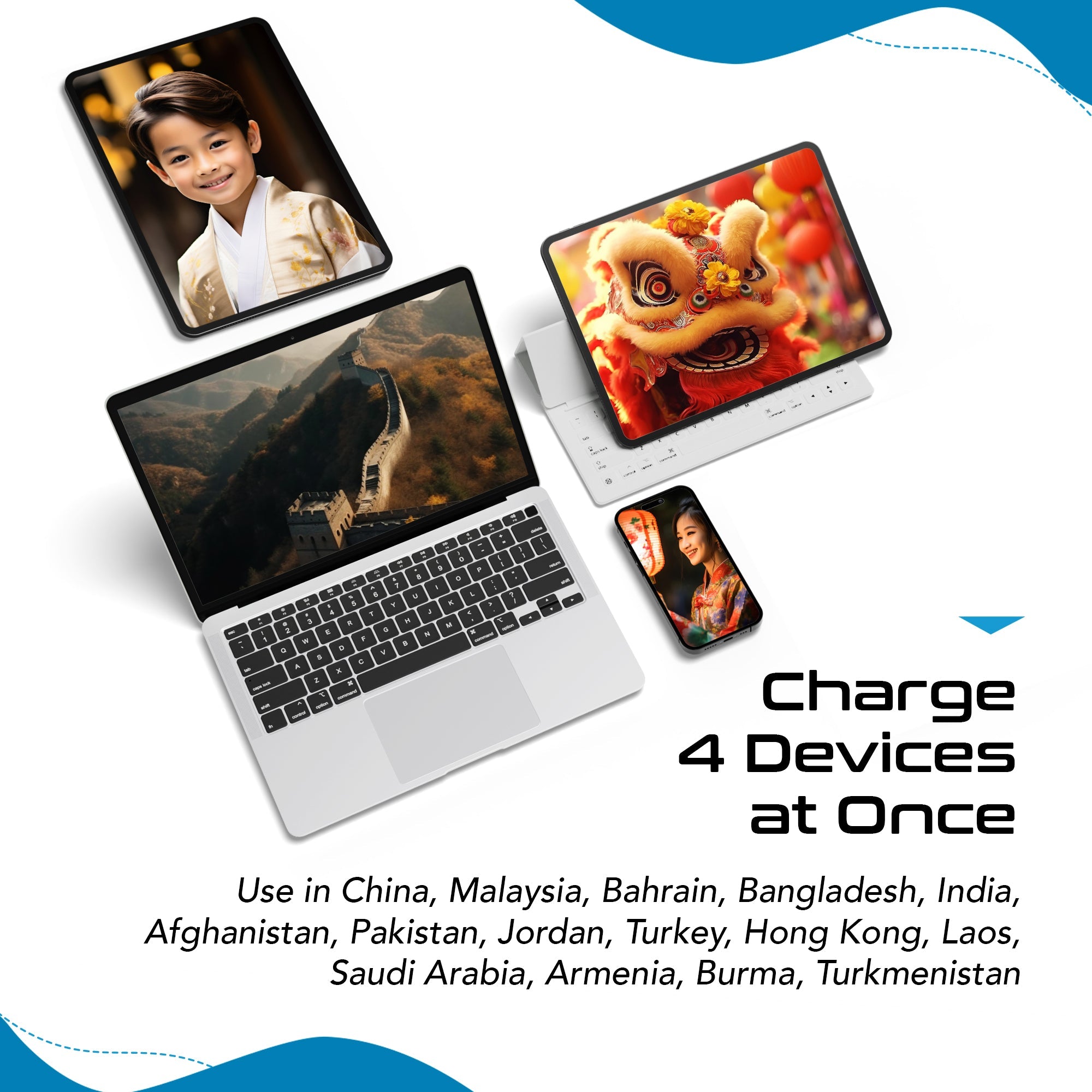 Asian, China, Malaysia Travel Adapter Set | Type C, G, I - USB & USB-C Ports + 2 US Outlets (PAK-AS)