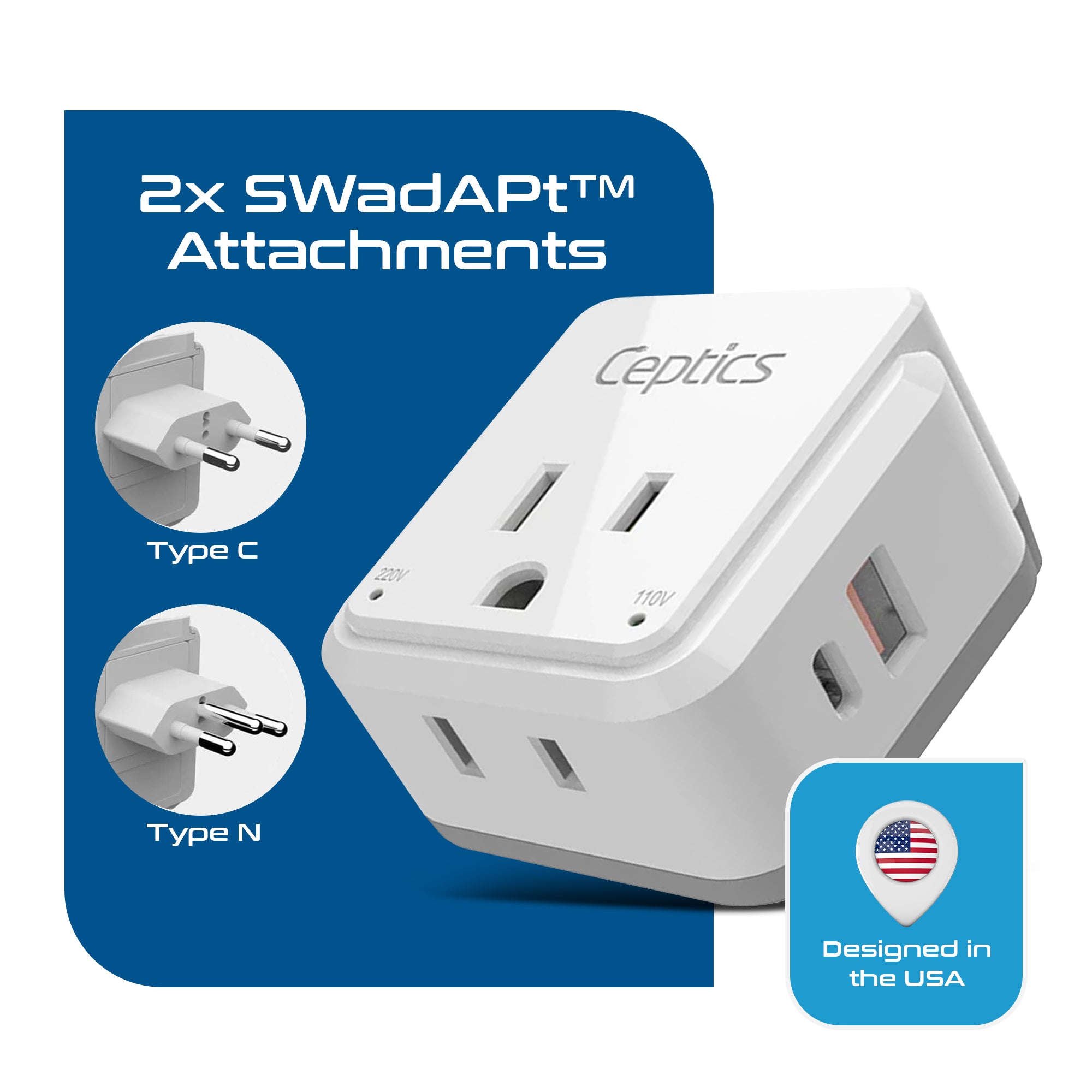 Brazil Travel Plug Adapter Set | Type C, N - 1 USB & 1 USB-C 3.1A + 2 USA Socket (PAK-BR)