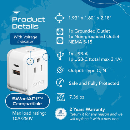 Brazil Travel Plug Adapter Set | Type C, N - 1 USB & 1 USB-C 3.1A + 2 USA Socket (PAK-BR)