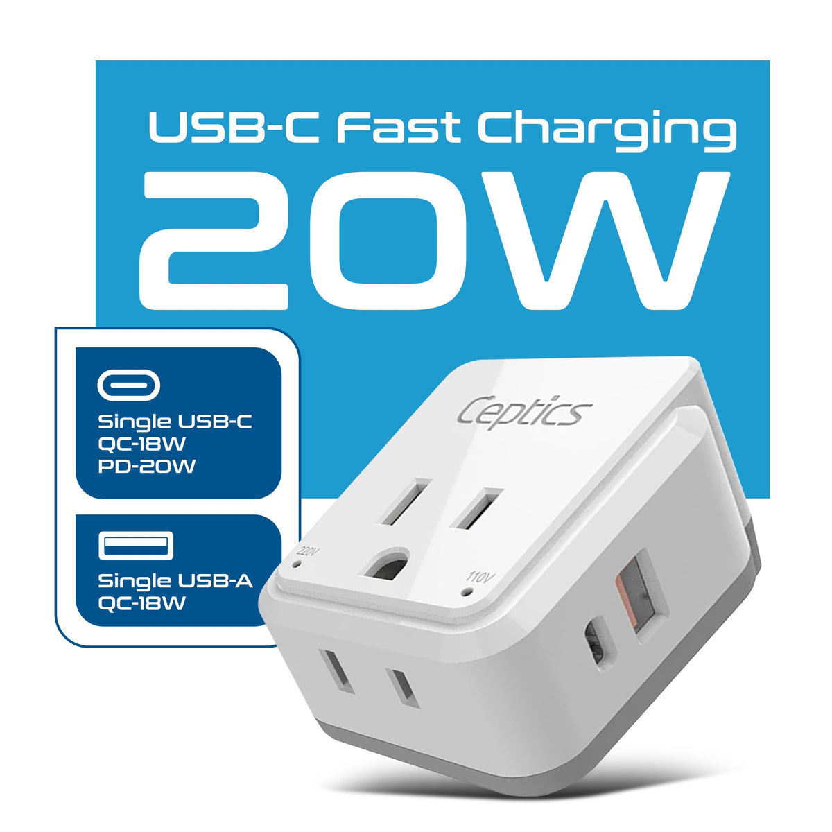 European Travel Adapter | Type C - USB & USB-C Ports + 2 US Outlets (PAK-C)