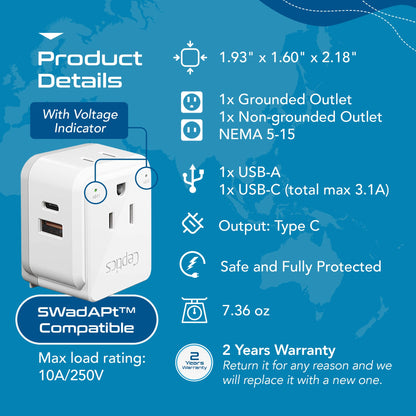 European Travel Adapter | Type C - USB & USB-C Ports + 2 US Outlets (PAK-C)