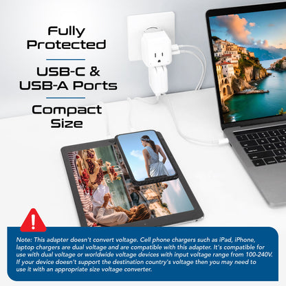 European Travel Adapter | Type C - USB & USB-C Ports + 2 US Outlets (PAK-C)