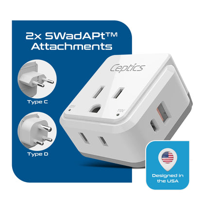 India, Nepal Travel Adapter Set | Type C, D - USB & USB-C Ports + 2 US Outlets (PAK-IN)