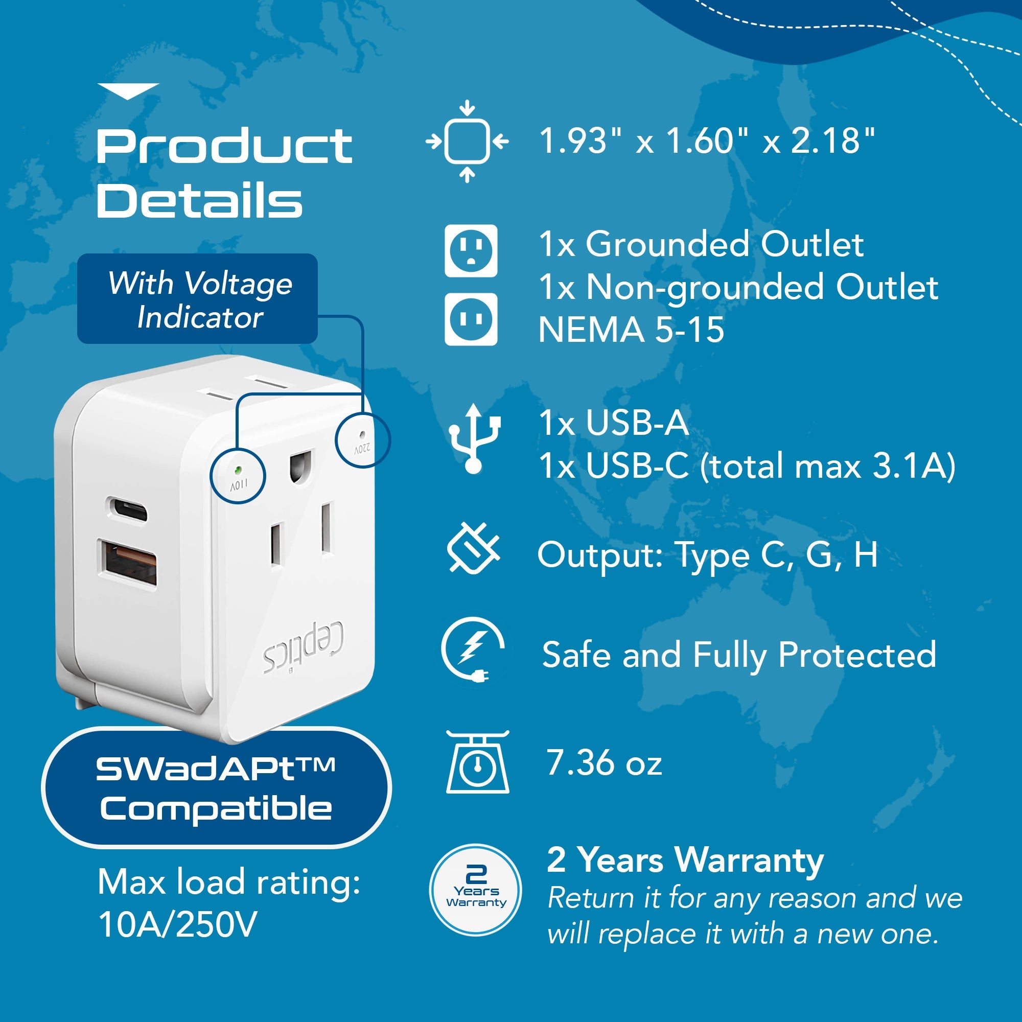 Israel, Jordan, Middle East Travel Adapter Set | Type C, G, H - USB & USB-C Ports + 2 US Outlets (PAK-ME)