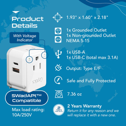 Germany, Korea Travel Adapter Set | Type E/F - USB & USB-C Ports + 2 US Outlets (PAK-SCHUKO)