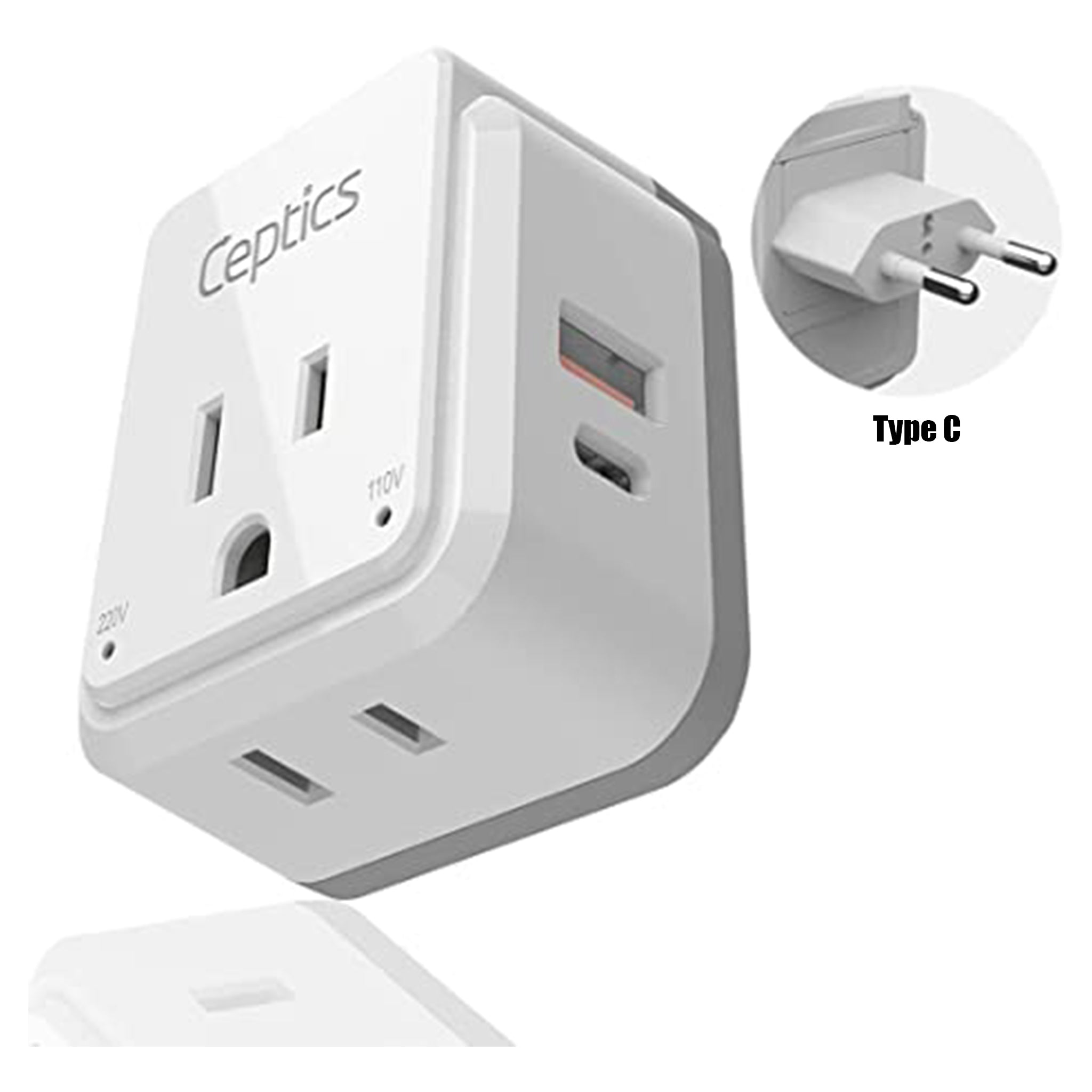 European Travel Adapter | Type C - USB & USB-C Ports + 2 US Outlets (PAK-C)