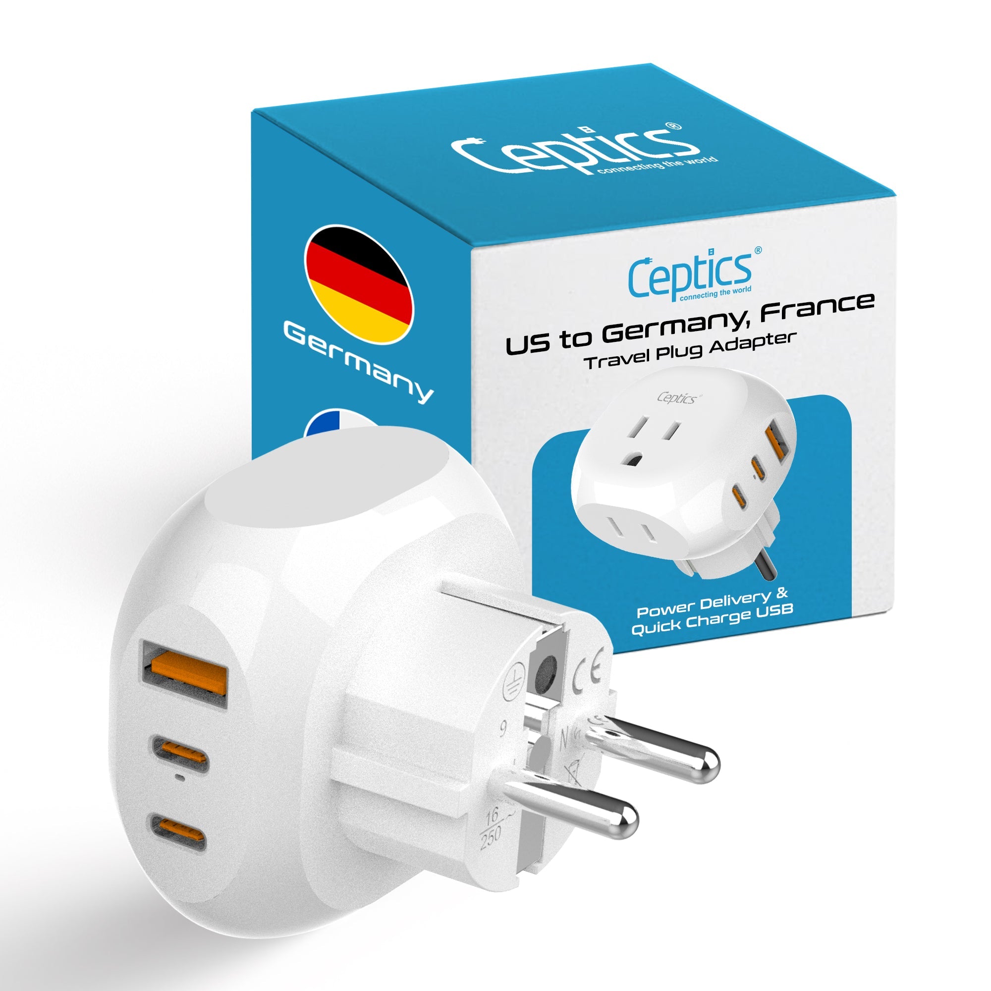 European Schuko Travel Plug Adapter - Type E/F - 5 in 1 - Ultra Compact (PTU-9)