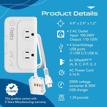 200W Step Down Converter – 2x outlets & 3 USB-A + 1 USB-C – AC 220-240V to 110V-120V Travel Voltage Converter - (PU-200X)