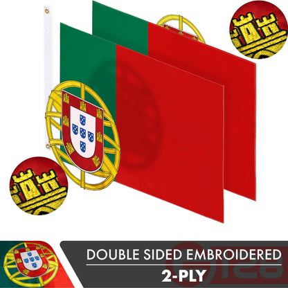G128 Portugal (Portuguese) Flag | 3x5 feet | Double Sided Embroidered 210D Indoor/Outdoor, Brass Grommets, Heavy Duty Polyester