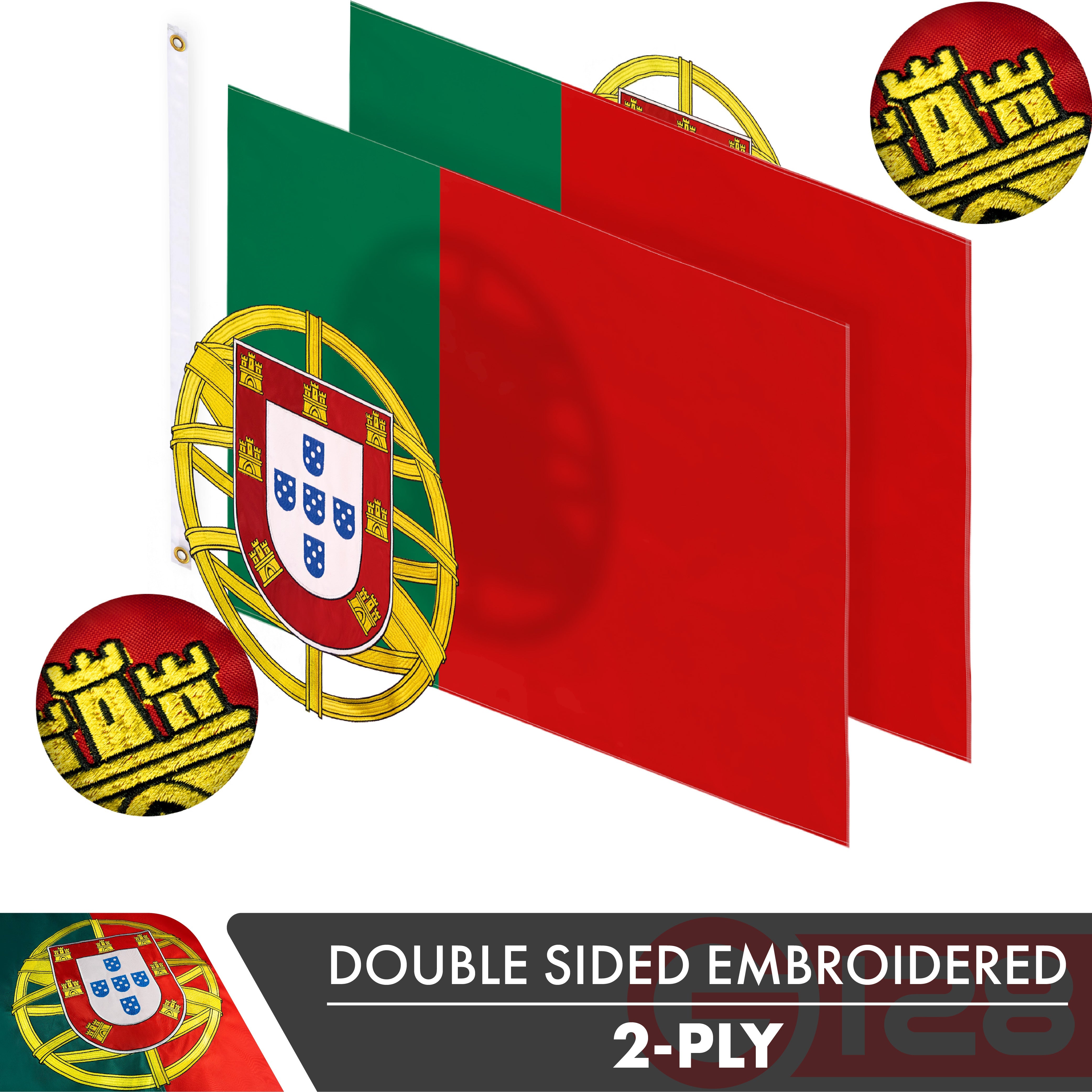 G128 Portugal (Portuguese) Flag | 3x5 feet | Double Sided Embroidered 210D Indoor/Outdoor, Brass Grommets, Heavy Duty Polyester