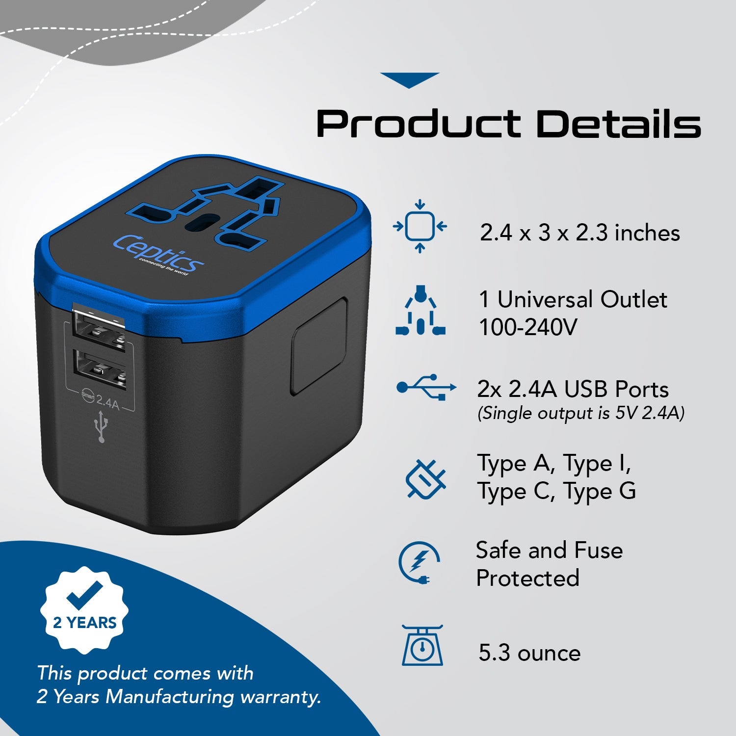 All-In-One International Travel Plug Adapter - 2 USB Ports (UP-8KU)