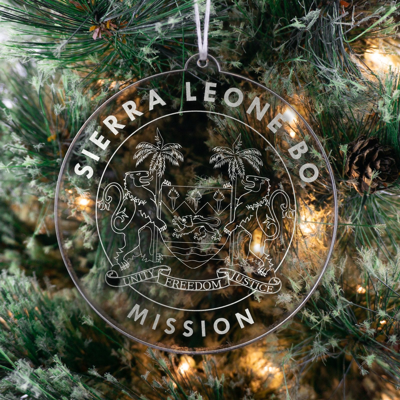LDS Sierra Leone Bo Mission Christmas Ornament hanging on a Tree