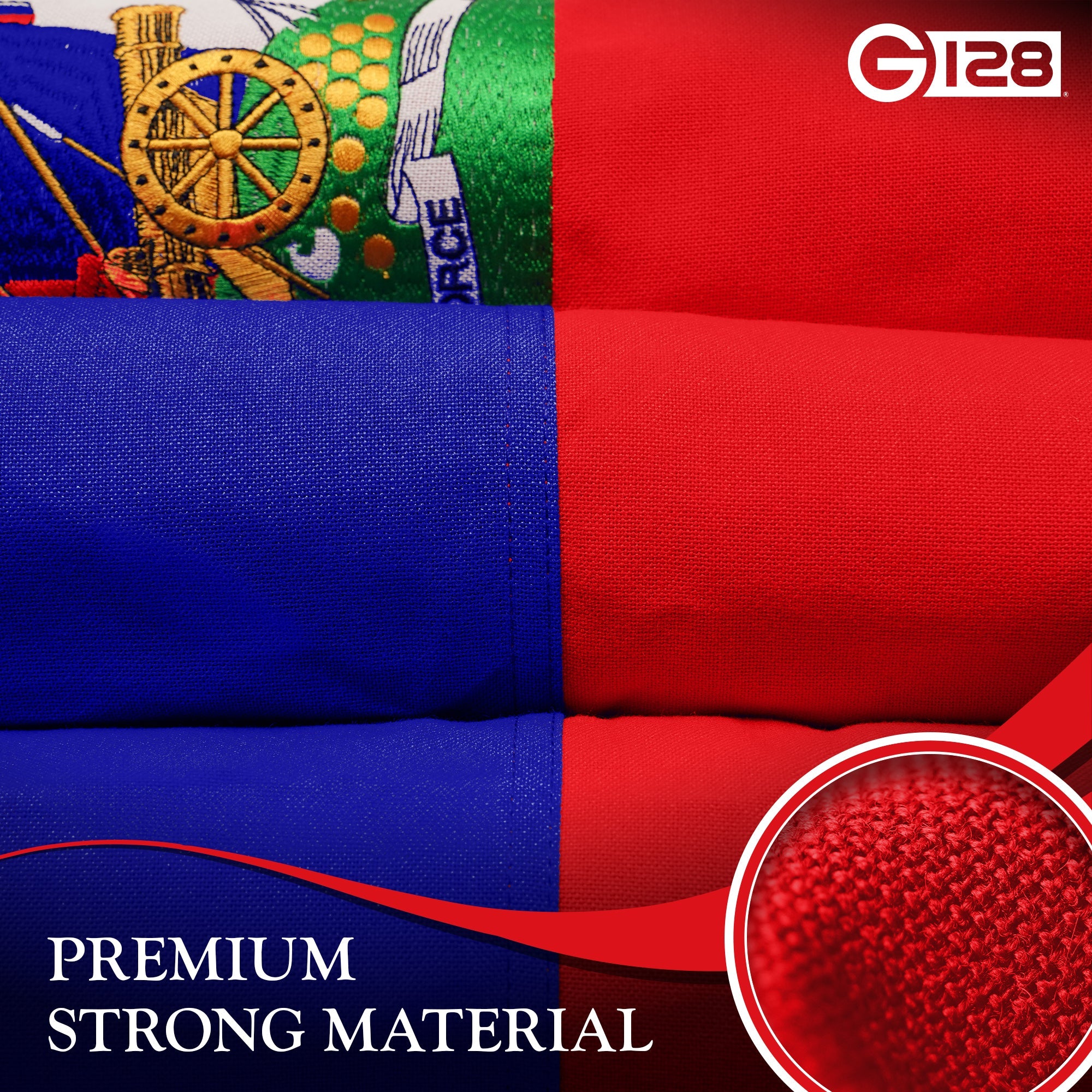 G128 Haiti Haitian Flag | 4x6 Ft | StormFlyer Series Embroidered 220GSM Spun Polyester | Country Flag, Embroidered Design, Indoor/Outdoor, Brass Grommets, Heavy Duty, All Weather