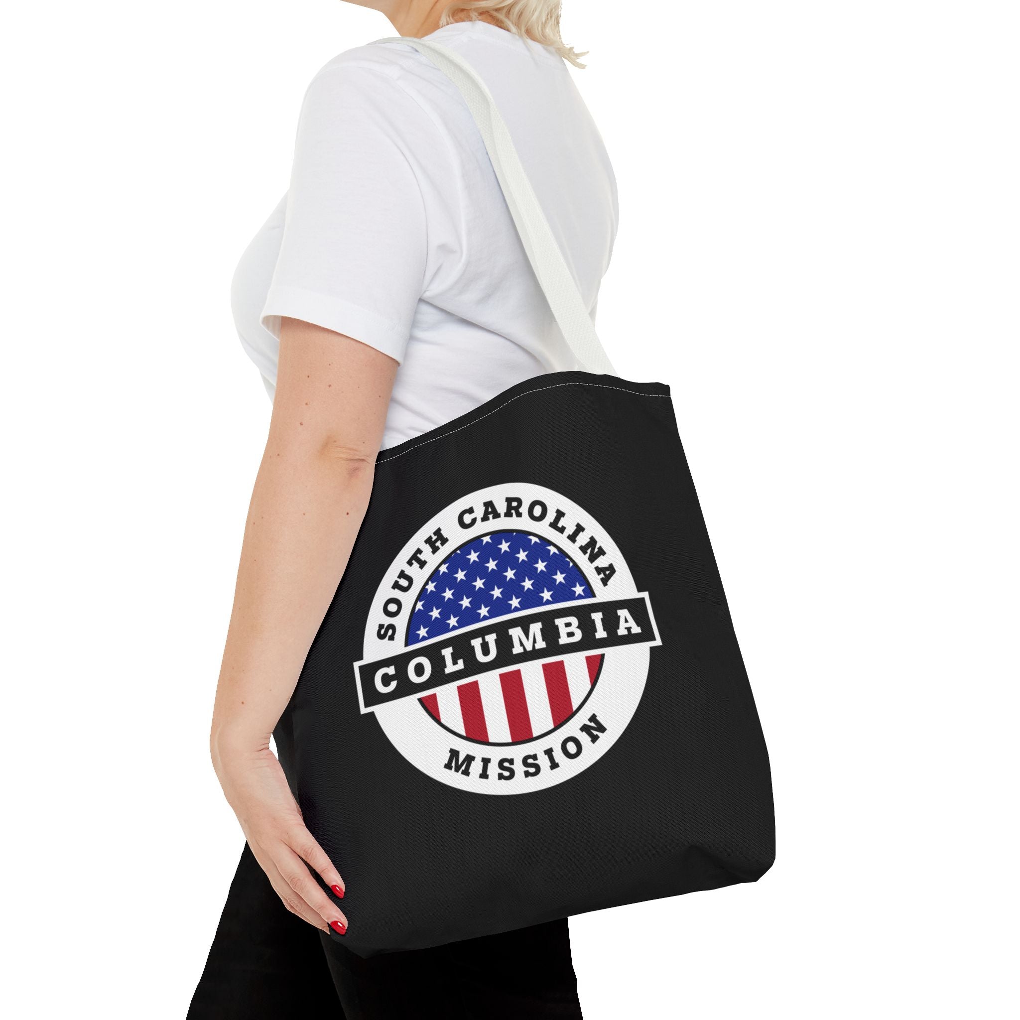 South Carolina Columbia Mission USA Flag Logo Tote Bag Black - Latter-Day Saint LDS Missionary Gift - Book of Mormon