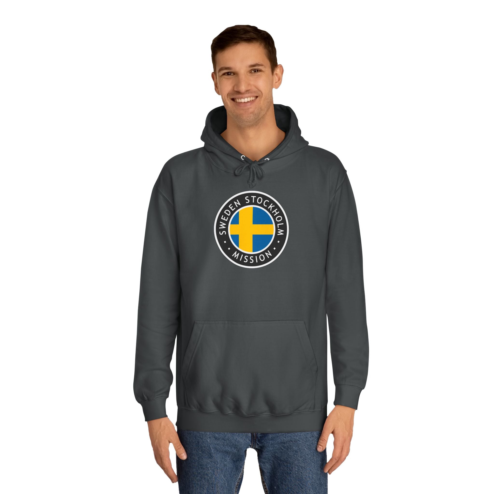 Sweden Stockholm Mission Flag Logo (Black Border) College Hoodie - Latter-Day Saint LDS Missionary Gift - Book of Mormon