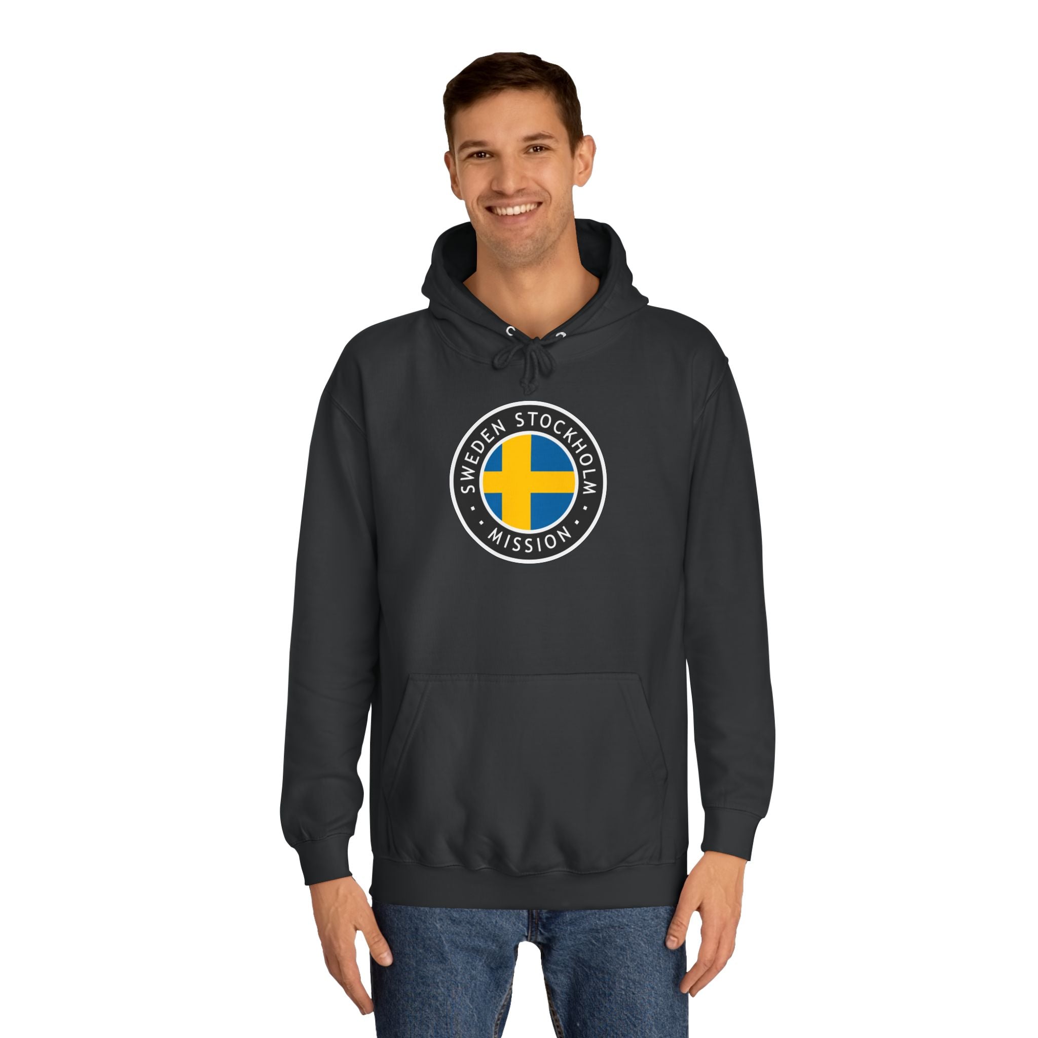 Sweden Stockholm Mission Flag Logo (Black Border) College Hoodie - Latter-Day Saint LDS Missionary Gift - Book of Mormon