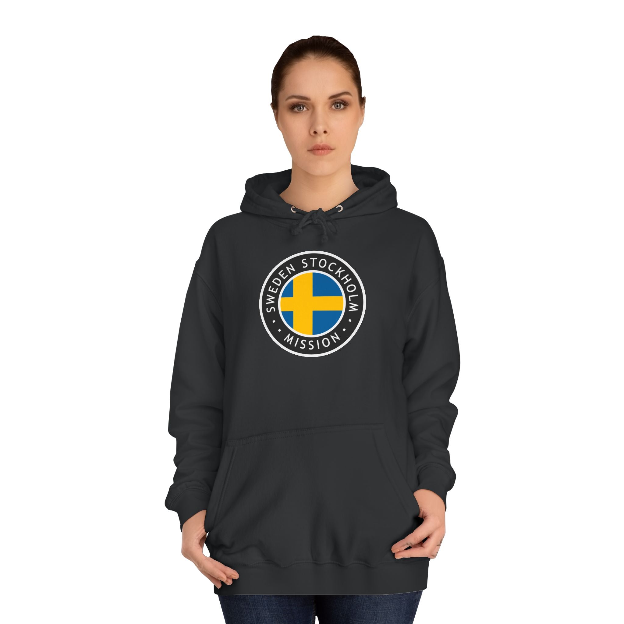 Sweden Stockholm Mission Flag Logo (Black Border) College Hoodie - Latter-Day Saint LDS Missionary Gift - Book of Mormon
