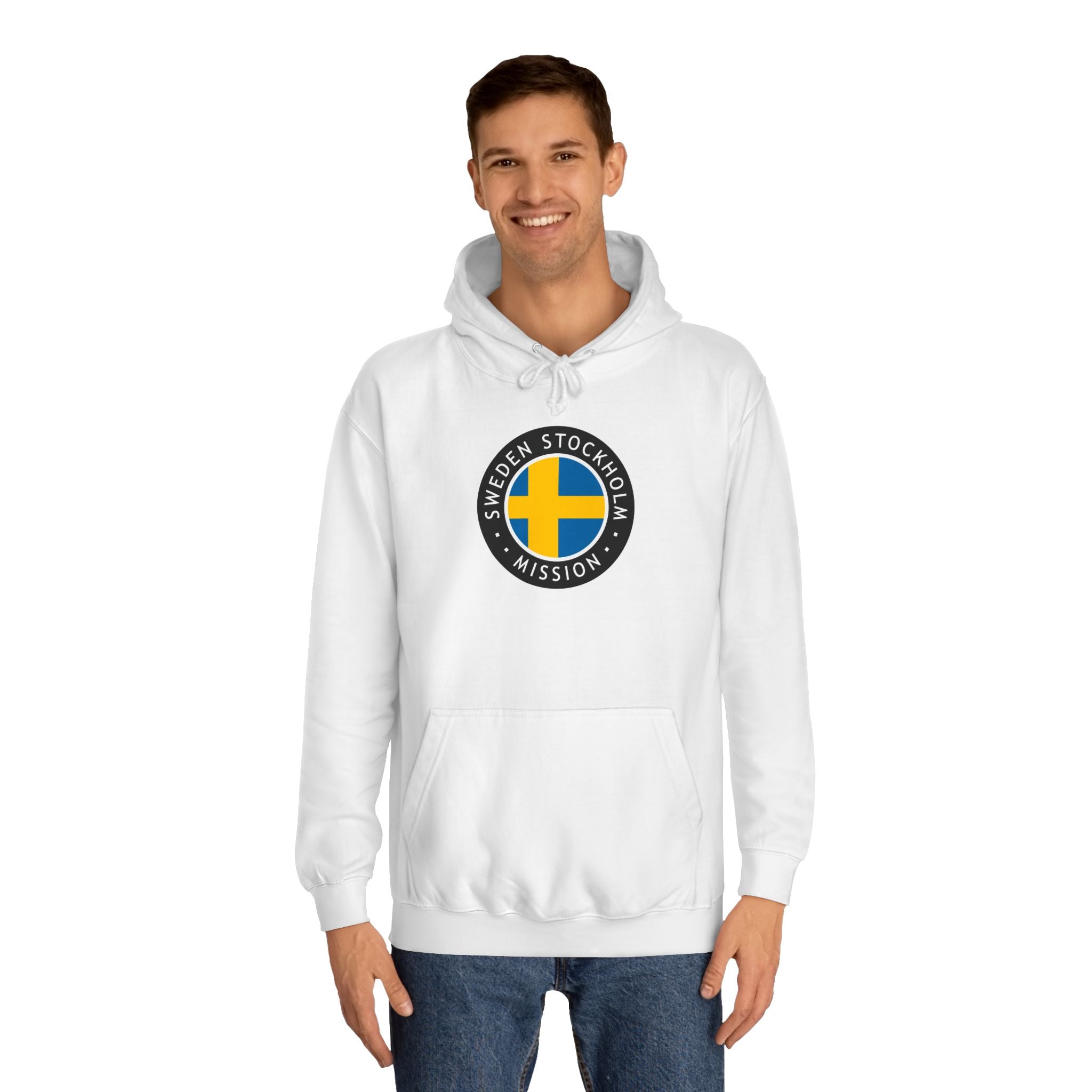 Sweden Stockholm Mission Flag Logo (Black Border) College Hoodie - Latter-Day Saint LDS Missionary Gift - Book of Mormon