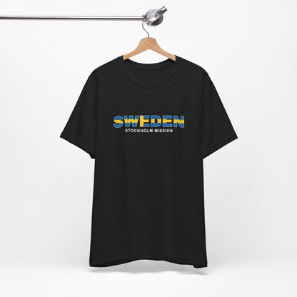 Sweden Stockholm Mission Flag Title T-shirt - Latter-Day Saint LDS Missionary Gift - Book of Mormon