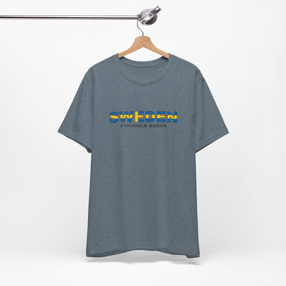 Sweden Stockholm Mission Flag Title T-shirt - Latter-Day Saint LDS Missionary Gift - Book of Mormon