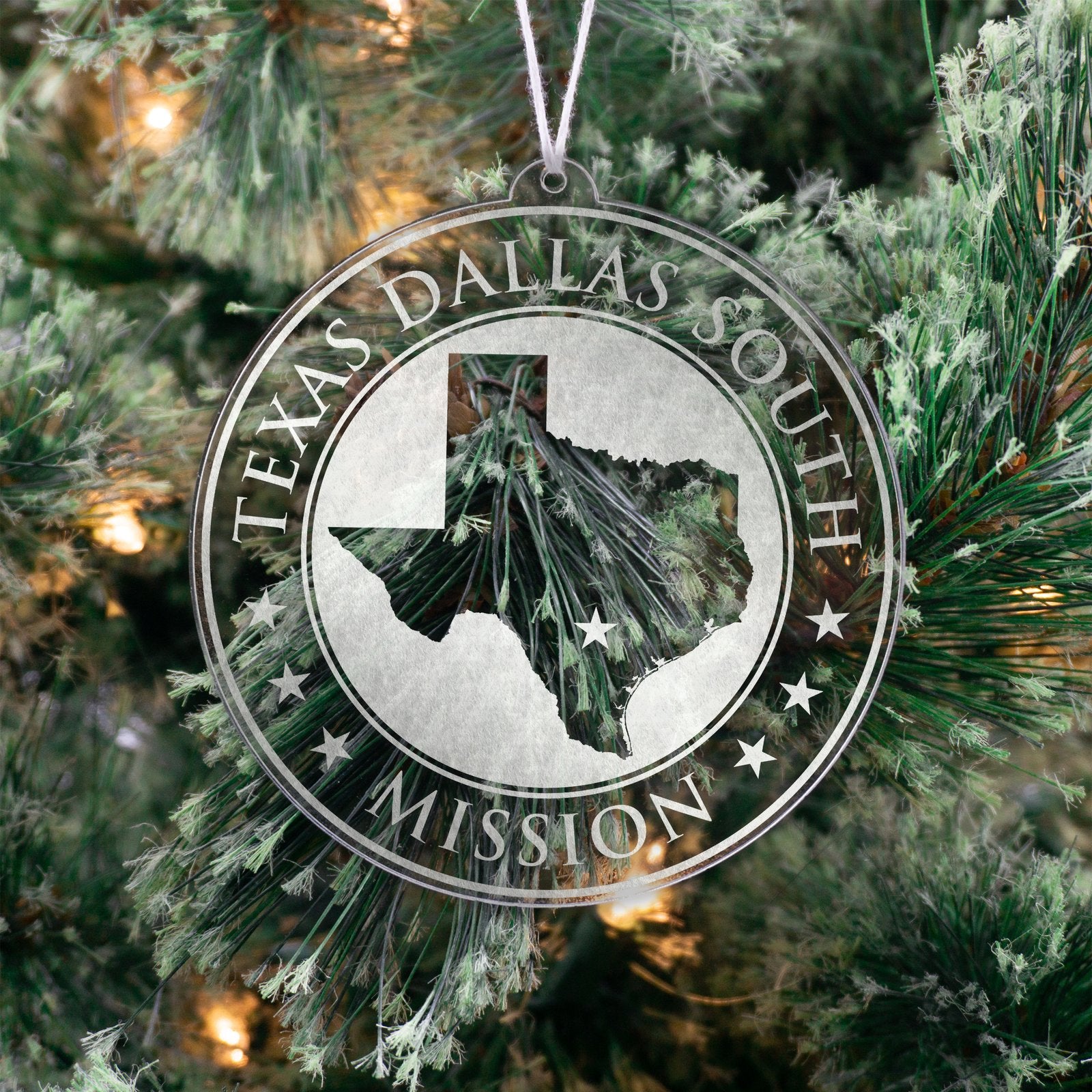 LDS Texas Dallas South Mission Christmas Ornament hanging on a Tree