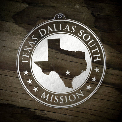 LDS Texas Dallas South Mission Christmas Ornament laying on a Wooden Background