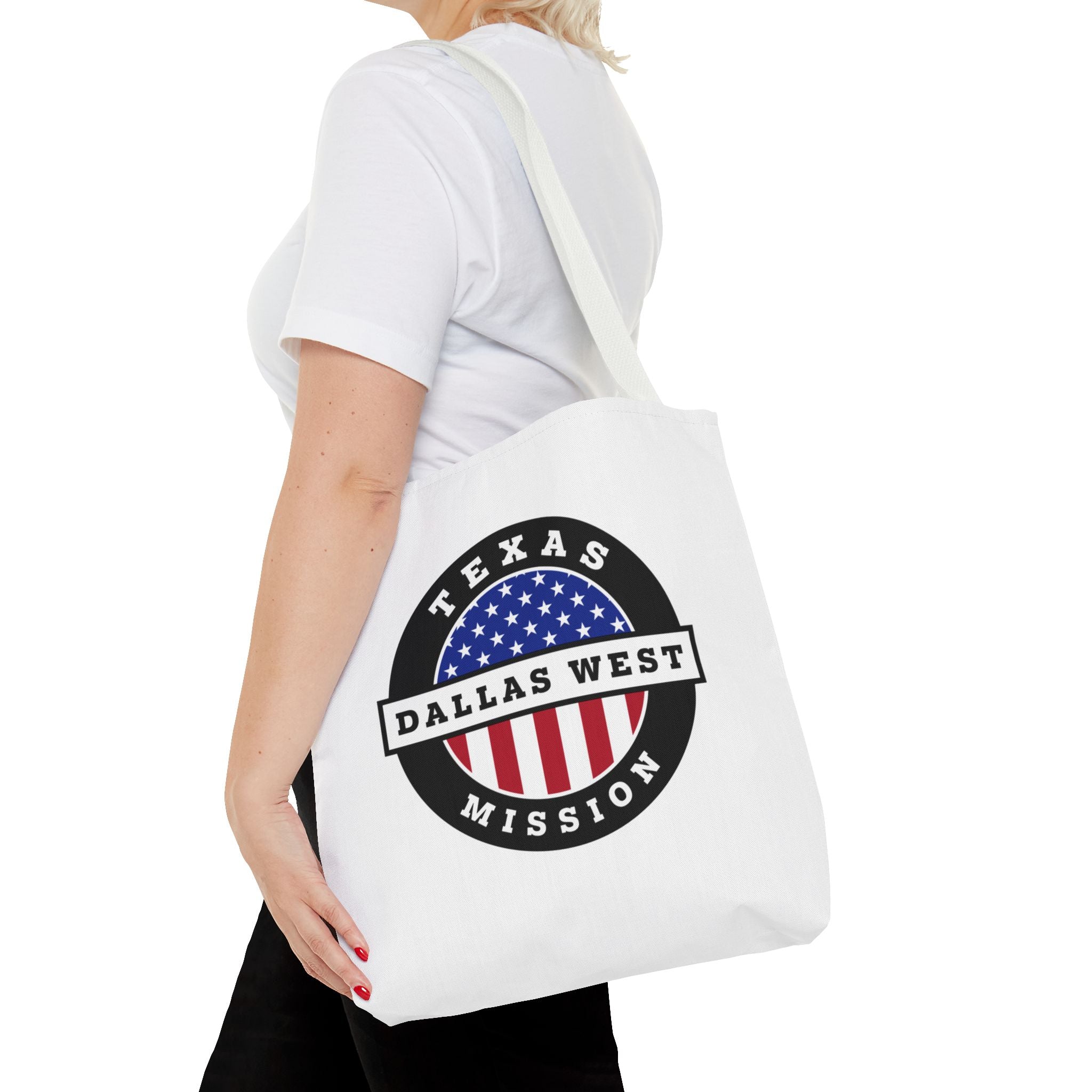 Texas Dallas West Mission USA Flag Logo Tote Bag White - Latter-Day Saint LDS Missionary Gift - Book of Mormon