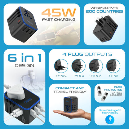 All-In-One International Travel Adapter Plug - 2 USB-C (PD & QC) - 3 USB Ports (UP-11KU)