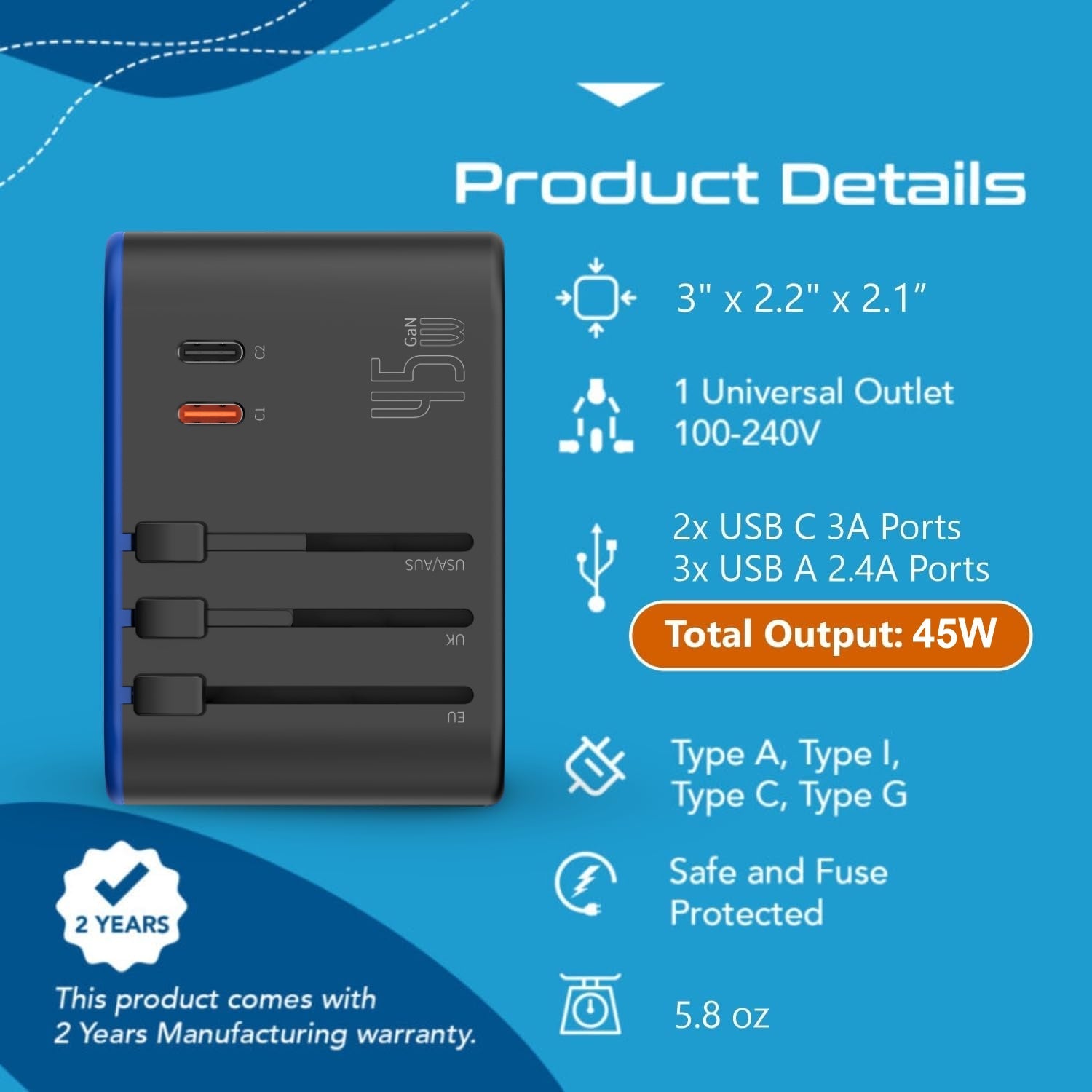 All-In-One International Travel Adapter Plug - 2 USB-C (PD & QC) - 3 USB Ports (UP-11KU)