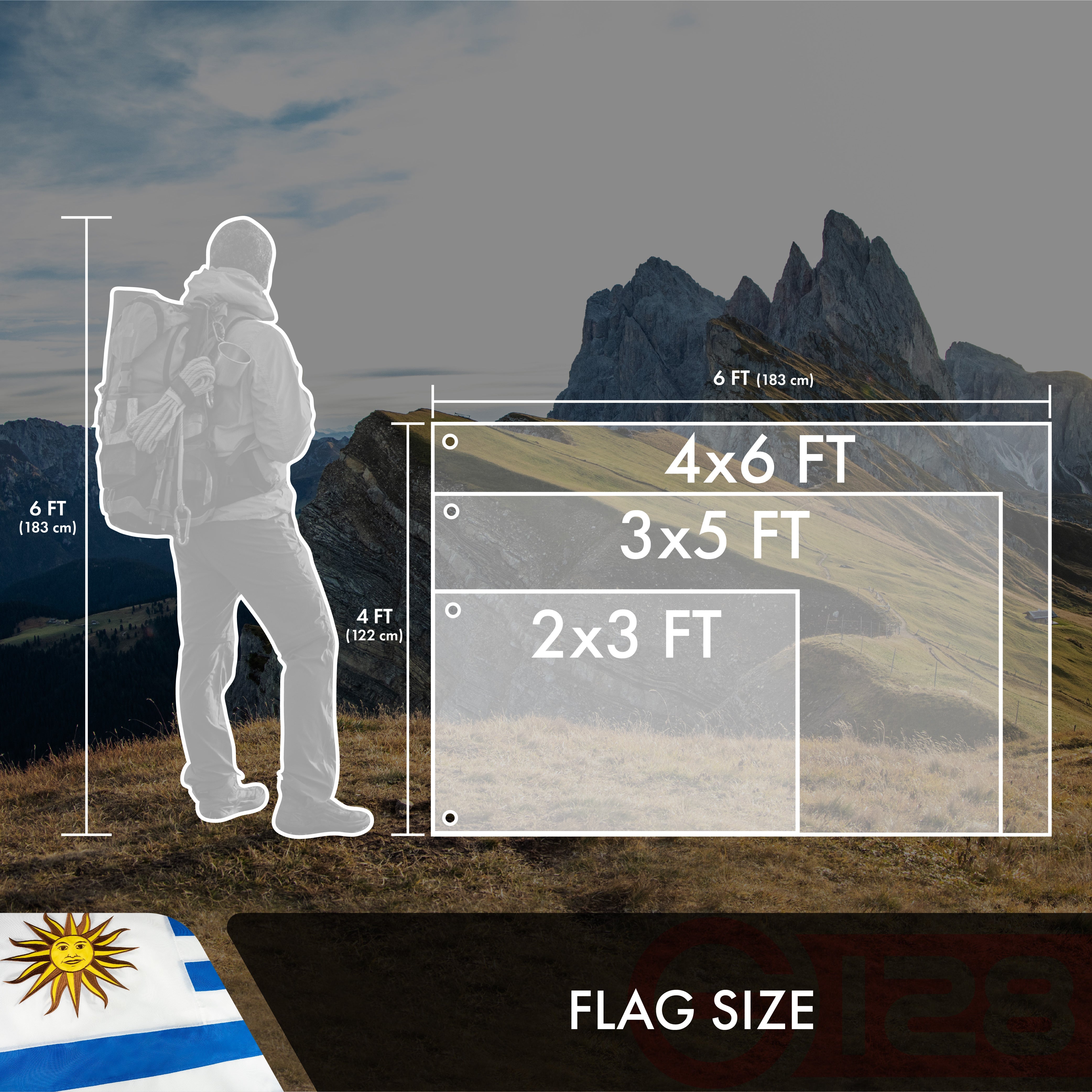 G128 Uruguay (Uruguayan) Flag | 3x5 feet | Double Sided Embroidered 210D Indoor/Outdoor, Brass Grommets, Heavy Duty Polyester