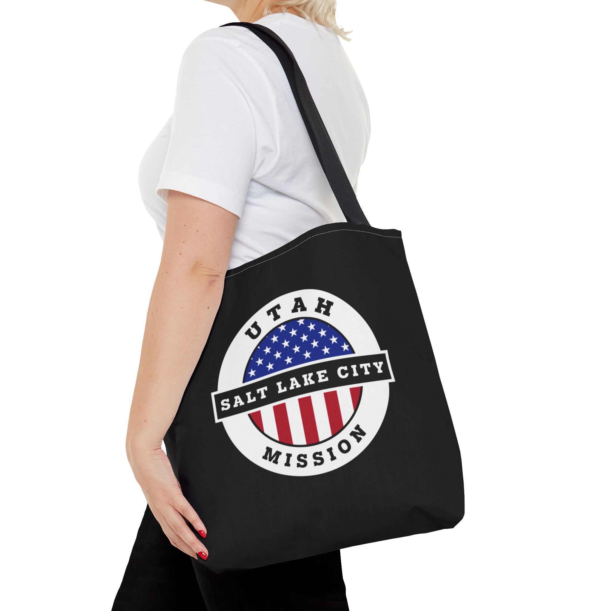 Utah Salt Lake City Mission USA Flag Logo Tote Bag Black - Latter-Day Saint LDS Missionary Gift - Book of Mormon