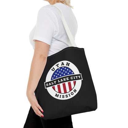 Utah Salt Lake City Mission USA Flag Logo Tote Bag Black - Latter-Day Saint LDS Missionary Gift - Book of Mormon