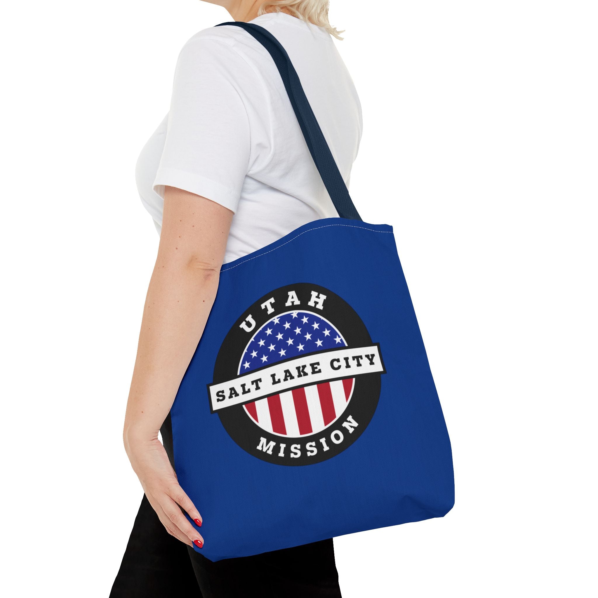 Utah Salt Lake City Mission USA Flag Logo Tote Bag Blue - Latter-Day Saint LDS Missionary Gift - Book of Mormon