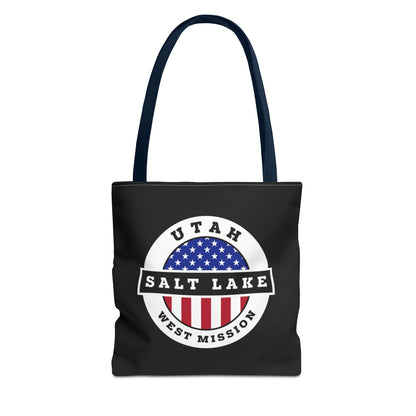 Utah Salt Lake City West Mission USA Flag Logo Tote Bag Black - Latter-Day Saint LDS Missionary Gift - Book of Mormon