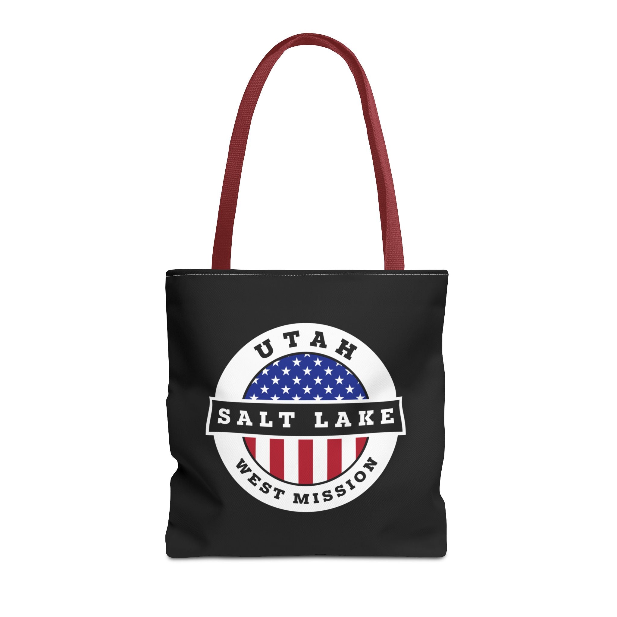 Utah Salt Lake City West Mission USA Flag Logo Tote Bag Black - Latter-Day Saint LDS Missionary Gift - Book of Mormon