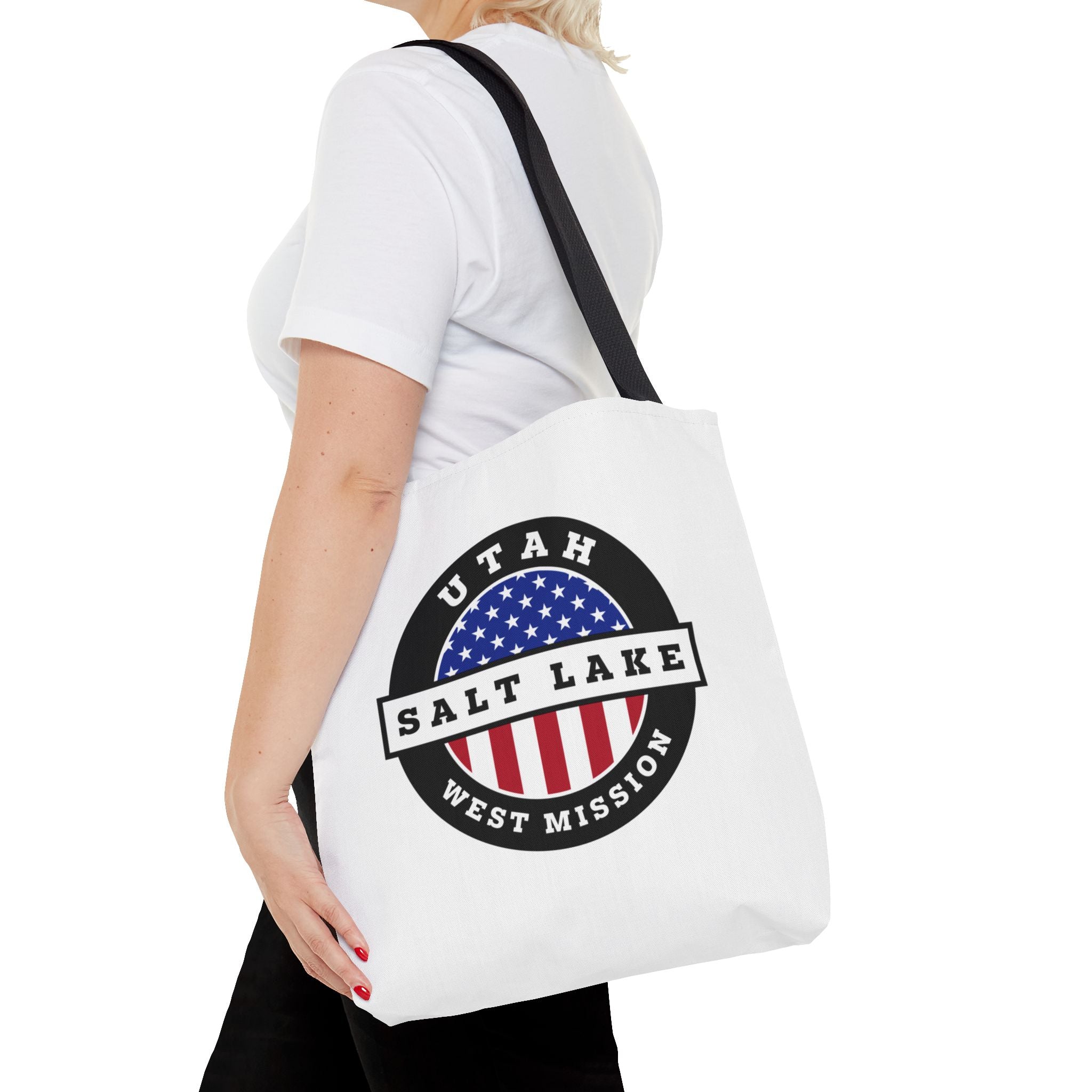 Utah Salt Lake City West Mission USA Flag Logo Tote Bag White - Latter-Day Saint LDS Missionary Gift - Book of Mormon