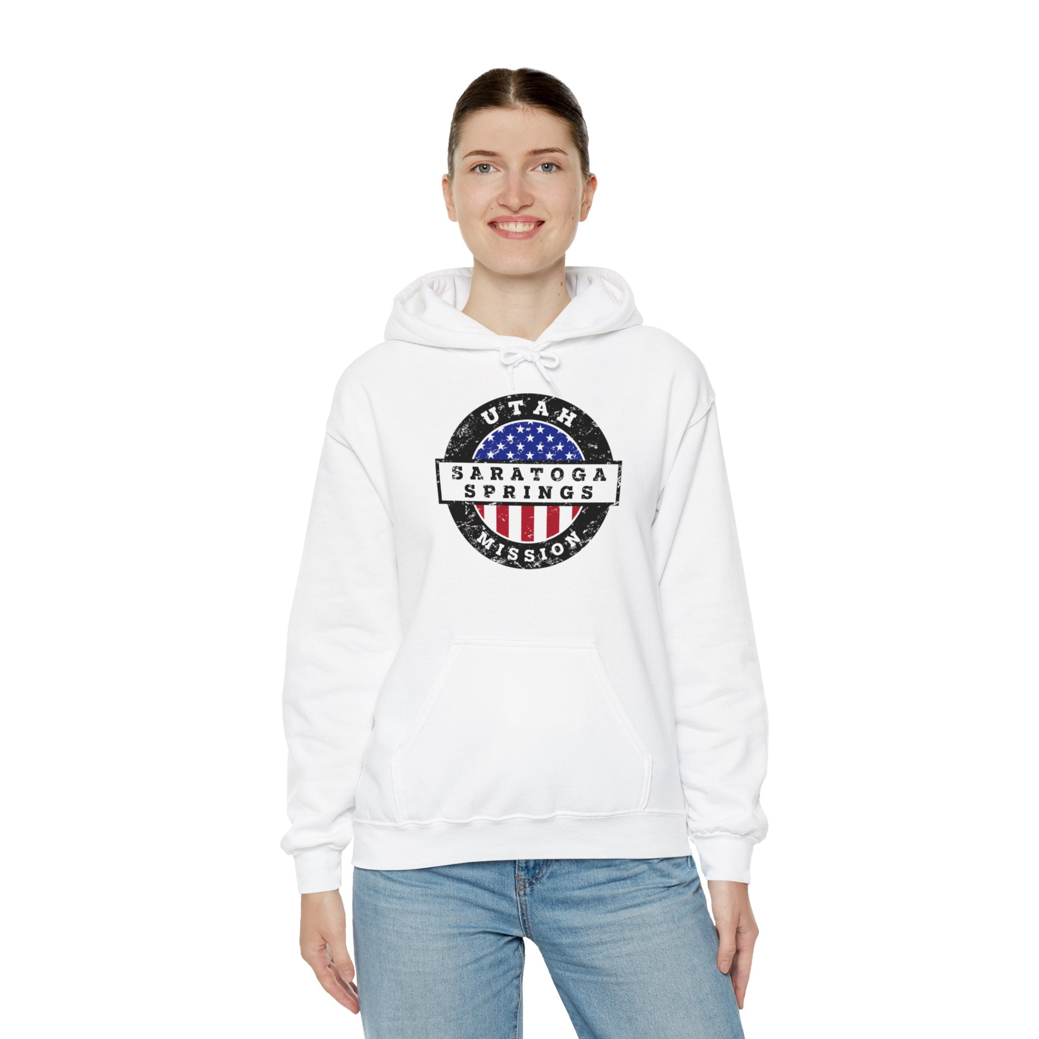 Utah Saratoga Springs Mission Circular USA Flag Hoodie - Latter-Day Saint LDS Missionary Gift - Book of Mormon