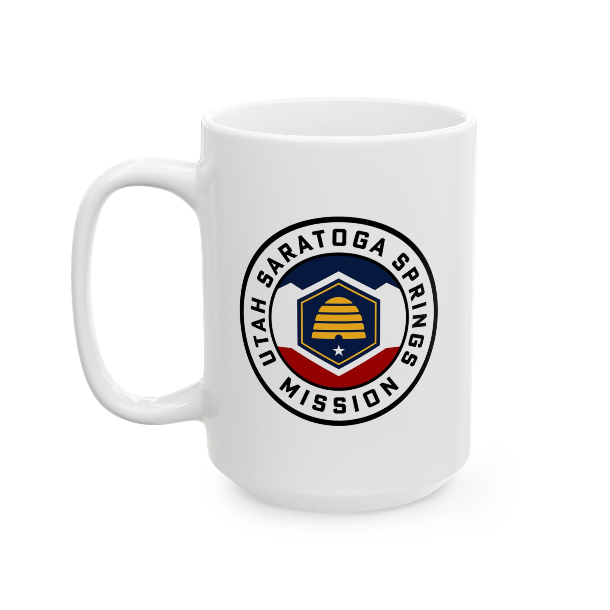 Utah Saratoga Springs Mission State Flag Logo Ceramic Mug White Name - Latter-Day Saint LDS Missionary Gift - Book of Mormon