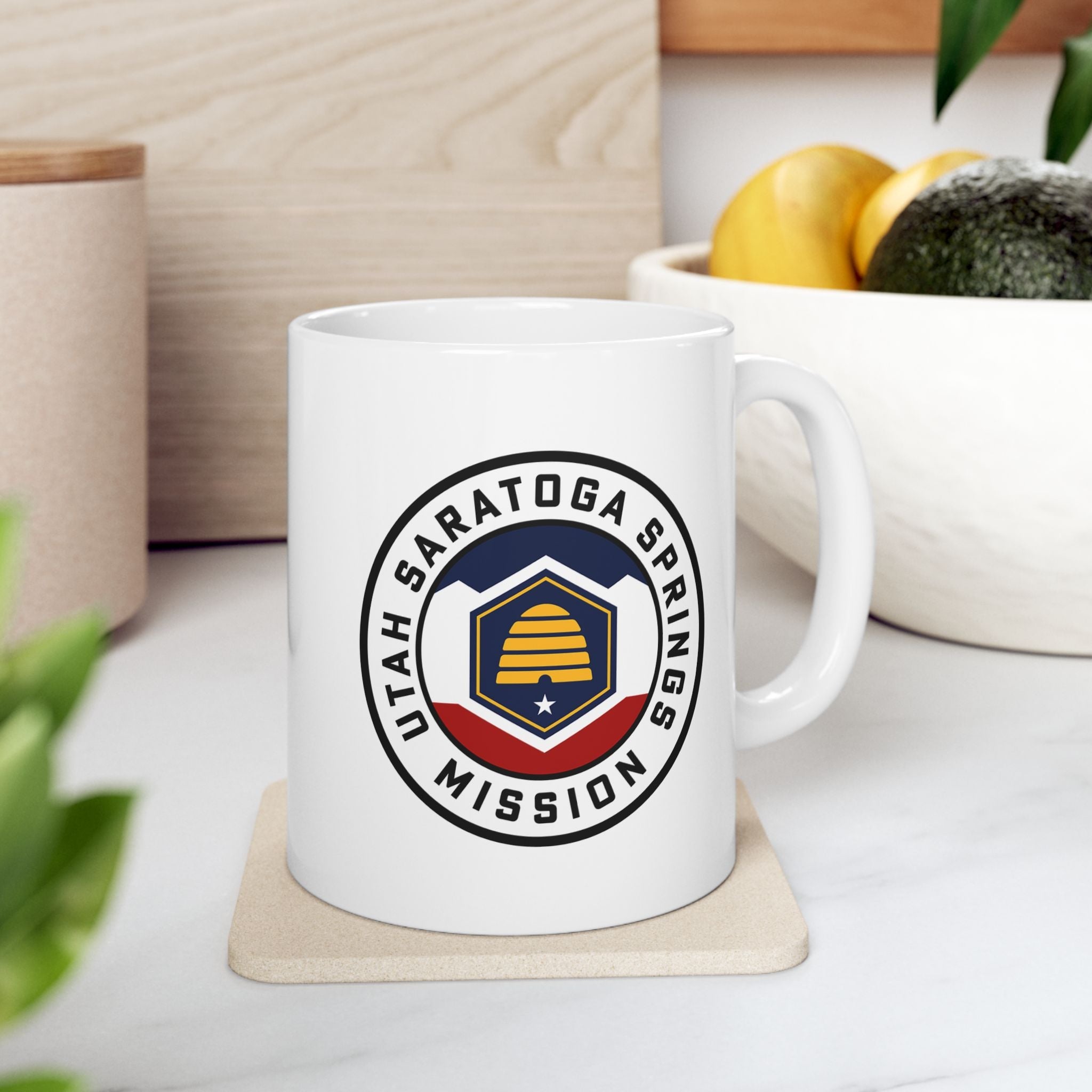 Utah Saratoga Springs Mission State Flag Logo Ceramic Mug White Name - Latter-Day Saint LDS Missionary Gift - Book of Mormon