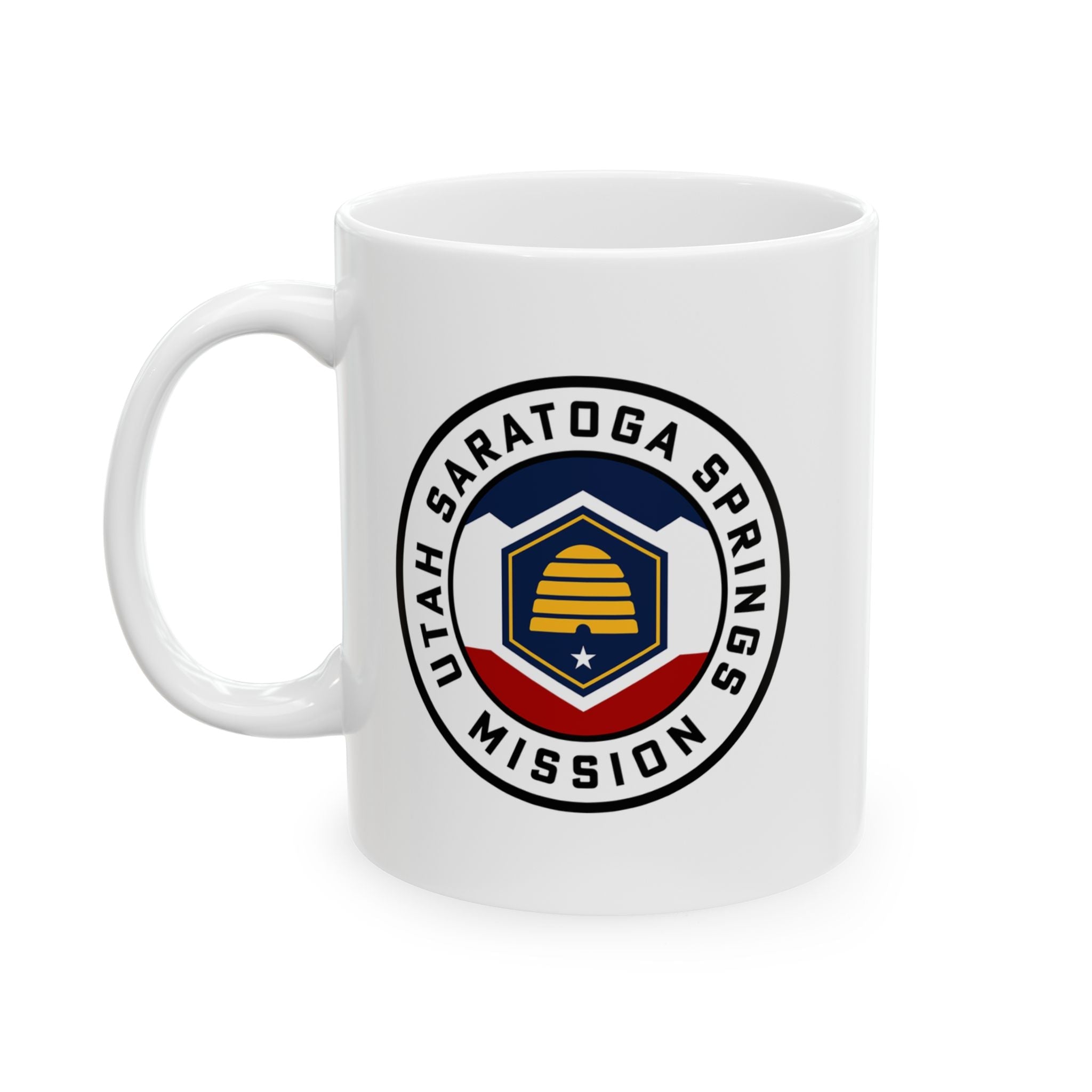 Utah Saratoga Springs Mission State Flag Logo Ceramic Mug White Name - Latter-Day Saint LDS Missionary Gift - Book of Mormon