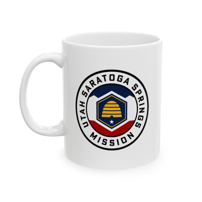 Utah Saratoga Springs Mission State Flag Logo Ceramic Mug White Name - Latter-Day Saint LDS Missionary Gift - Book of Mormon